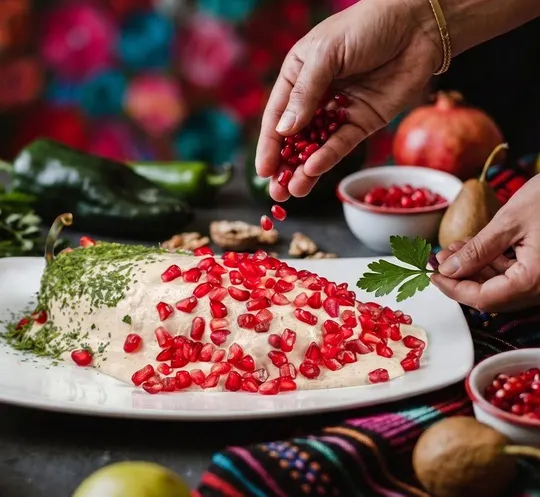 Chile en nogada recién montado en la cocina de La Casona